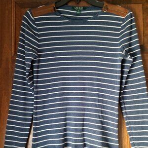 LAUREN RALPH LAUREN LONG SLEEVE BLUE/WHITE NAUTICAL STRIPE PULLOVER-- ZIPPERS